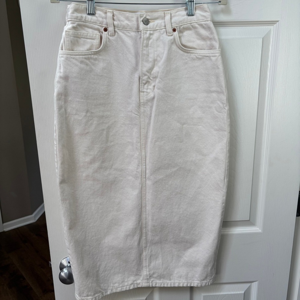 Reformation Jayde High Rise Rigid Denim Midi Skirt Cream Utility Streetwear 28